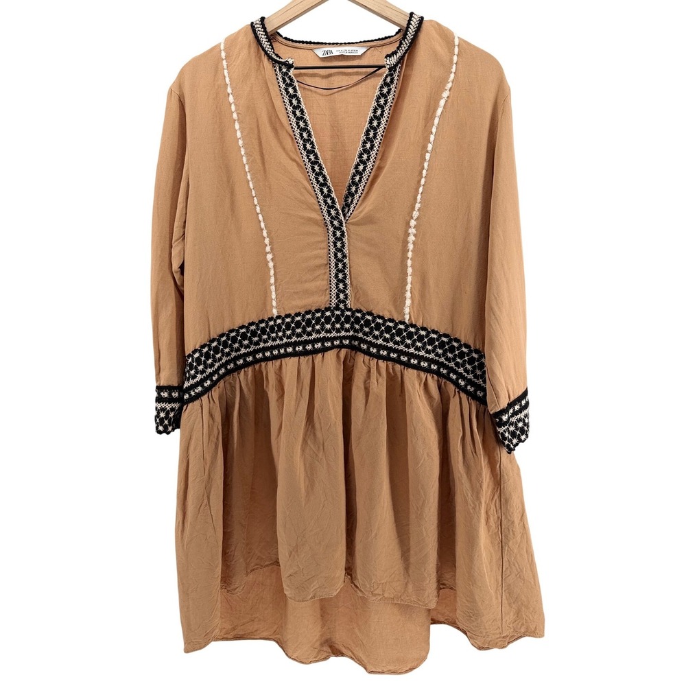 Zara Terracotta Tan Linen Blend Crochet Trim Midi Dress Long Sleeve Womens M - Picture 2 of 11